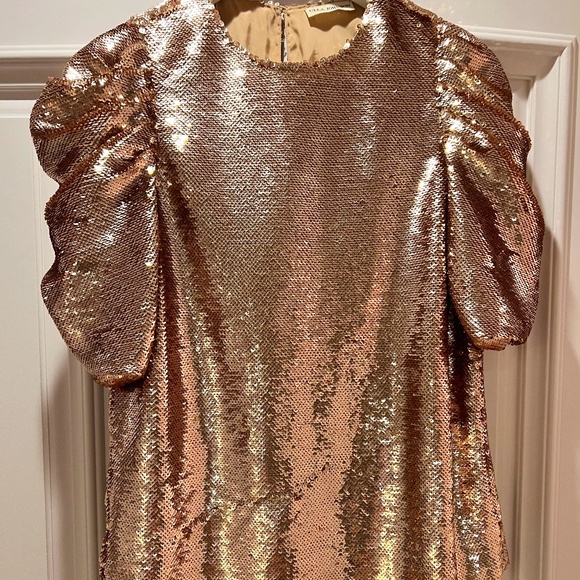 ULLA JOHNSON BLUSH PINK/GOLD SEQUIN PUFF SLEEVE BLOUSE - Picture 1 of 7